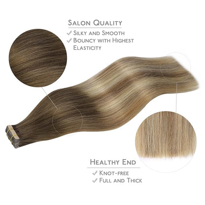 WENNALIFE Tape in Hair Extensions Human Hair, 20pcs 60g 26 inch Ombre Walnut Brown to Ash Brown and Bleach Blonde Remy Hair Extensions Straight Human Hair Tape in Extensions Skin Weft Tape Extensions