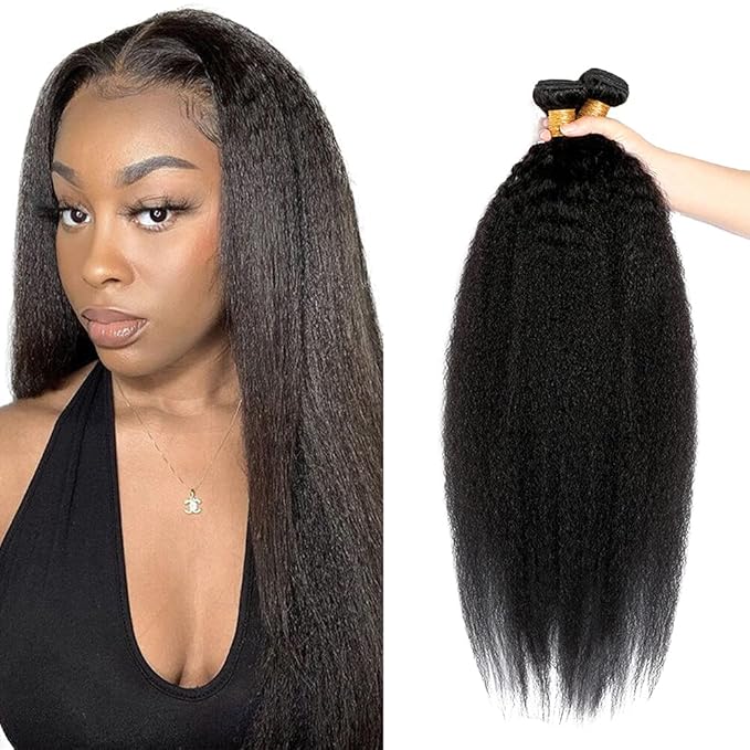 #1B Human Hair Bundles Yaki Straight Bundles 22 24 Inch 2 Bundles Unprocessed Brazilian Virgin Hair Weave 50 Grams Per Bundle kinky Straight Bundle Human Hair Extensions Natural Color