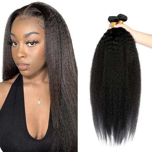 #1B Human Hair Bundles Yaki Straight Bundles 22 24 Inch 2 Bundles Unprocessed Brazilian Virgin Hair Weave 50 Grams Per Bundle kinky Straight Bundle Human Hair Extensions Natural Color
