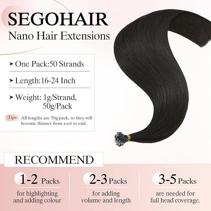 Nano Bead Human Hair Extensions - Nano Bond & Tip Extensions - Silky Straight Natural 50g/50 Stands 20" Natural Black