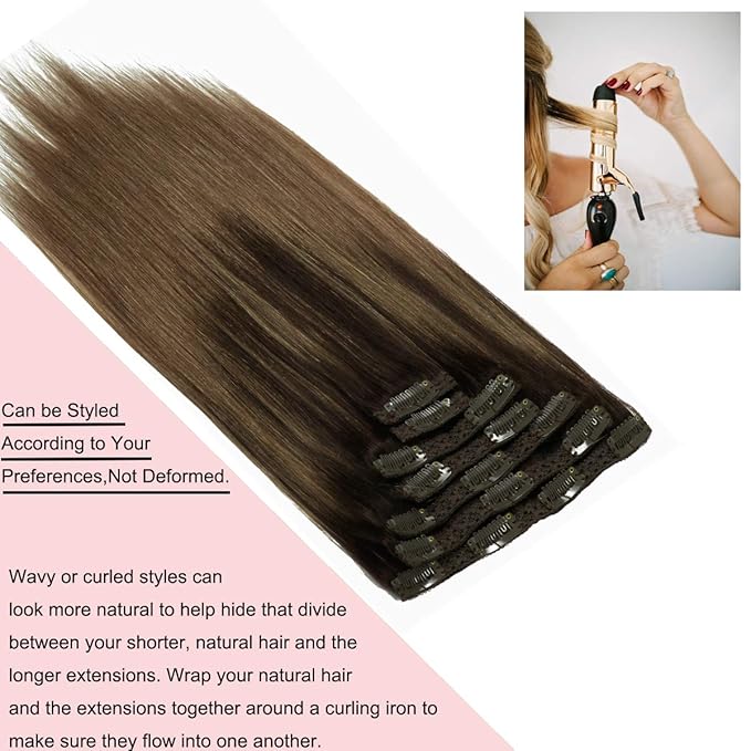 Loxxy 20inch Clip In Hair Extensions Brown Real Human Hair Clip Ins Extensions Light Dark Brown Double Weft Straight Real Hair Extensions Clip in Human Hair Thick Ends Full Head 140G 7PCS