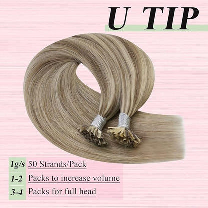 YoungSee U Tip Hair Extensions Human Hair Light Brown Pre Bonded U Tip Real Hair Extensions Light Brown Highlights Blonde Utip Natural Human Hair Highlight 24In Hot Fusion Hair Extensions 50s/50g