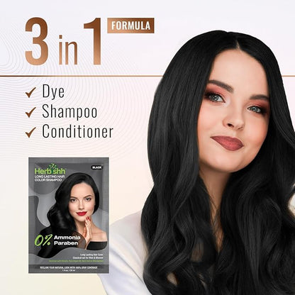 Herbishh Travel Pack Hair Dye Color Shampoo in Sachet + 1pc Argan Hair Mask Sachet (Black, 1 sachet)