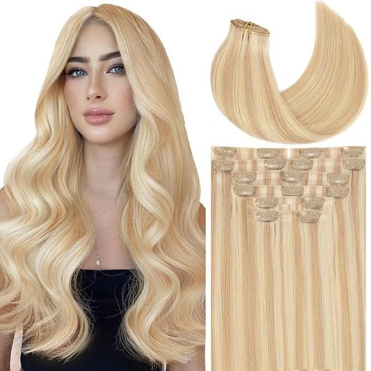 Loxxy Invisible Clip in Hair Extensions Human Hair Silky Straight Light Golden Brown Mixed With Platinum Blonde Thick Seamless Real Hair Extensions Clip in Human Hair 130g 7Pcs 16Inch P12/60A