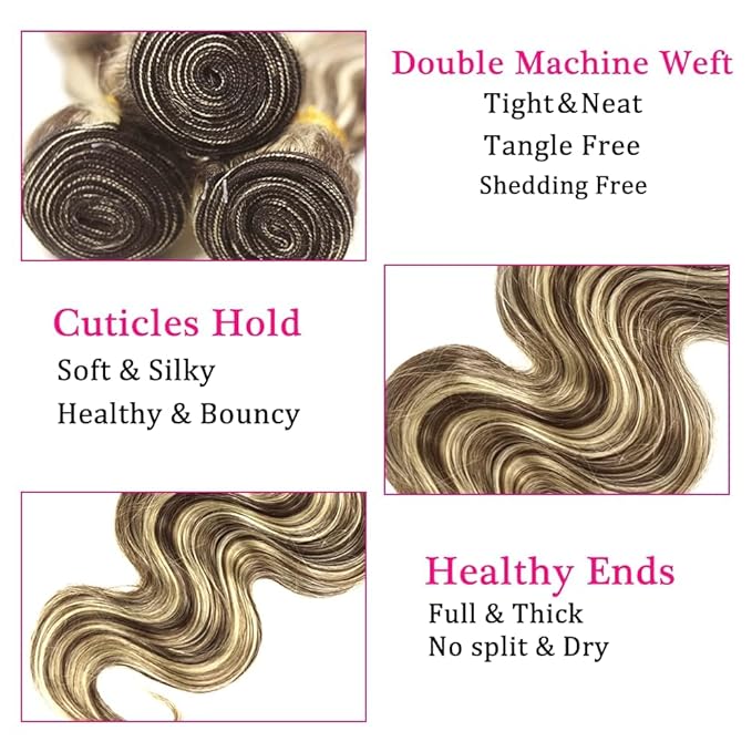 Highlight Bundles Human Hair Blonde Body Wave Bundles 18 20 22 Inch Niegmeag Hair 2 Tone Brown Mixed With Blonde Bundle Grade 8A Peruvian Virgin Hair Extensions