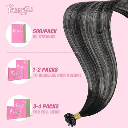 YoungSee K Tip Human Hair Extensions Ombre U Tip Extensions Human Hair Straight Ktip Real Hair Extensions Natural Black Roots to Silver Grey Balayage Hair Extensions K Tip 50g 22inch 50s