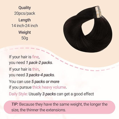 MAXITA Tape in Hair Extensions Real Human Hair, Seamless Tape in Hair Extensions Human Hair Remy Natural Long Straight Hair Real Human Hair Extensions for Women, 50g Tea Black 14 Inch 20pcs