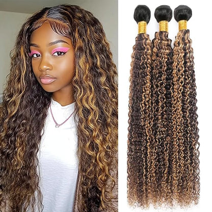 P427 Curly Bundles Human Hair Highlight Curly Bundles Brown and Blonde Double Weft Brazilian Human Hair Extensions Soft and Silky for Black Women 22 24 26 Inch