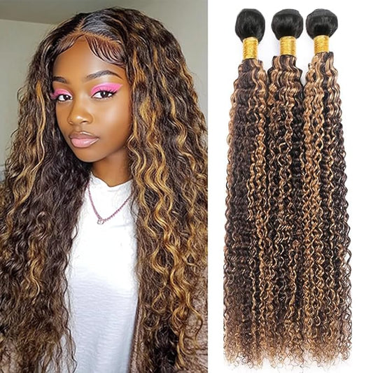 P427 Curly Bundles Human Hair Highlight Curly Bundles Brown and Blonde Double Weft Brazilian Human Hair Extensions Soft and Silky for Black Women 22 24 26 Inch