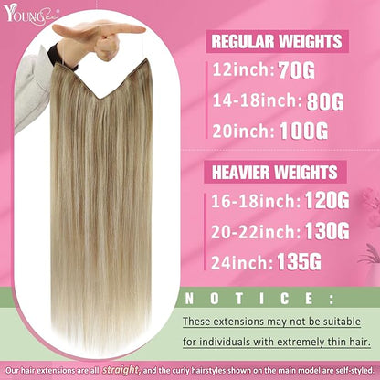 YoungSee Invisible Wire Human Hair Extensions Blonde Highlight Thick Wire Hair Extensions Real Human Hair Dark Ash Blonde Highlights Golden Blonde Hair Wire Extensions for Women 14In 80G
