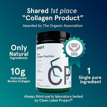 Puori - CP1 Pure Collagen Peptides Powder - Hair, Skin, Nails - Hydrolyzed Protein, Unflavored, 30 Servings