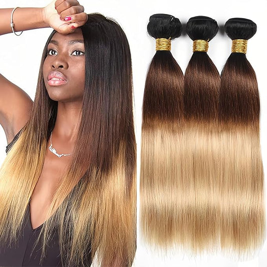 T1B4/27 Bundles Human Hair Ombre Brown Straight Bundle Mixed Length 3 Bundles 14 16 18 Inch Double Weft Virgin Remy Bundle Hair Weave