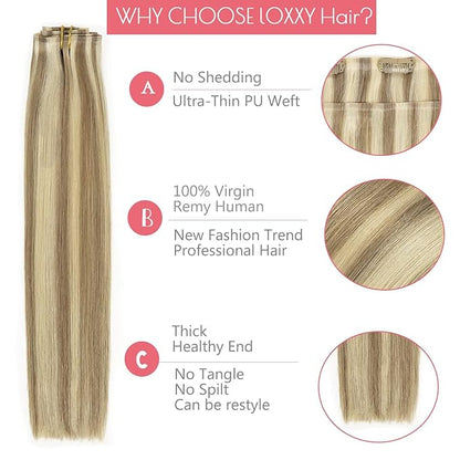 Loxxy Real Hair Extensions Clip in Human Hair 16Inch 130G Light Brown Mixed With Platinum Blonde Invisible Seamless Clip in Hair Extensions Remy Human Hair 7Pcs Silky Straight For Women