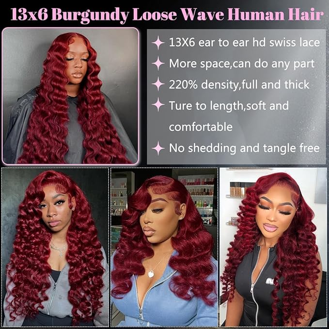 99J Burgundy Lace Front Wigs Human Hair Loose Body Wave Wigs 13x6 Burgundy Wig Human Hair 24Inch Pre Plucked 220% Density Dark Burgundy DeepWave Wig for Women Loose Wave HumanHair 99J Red Wigs
