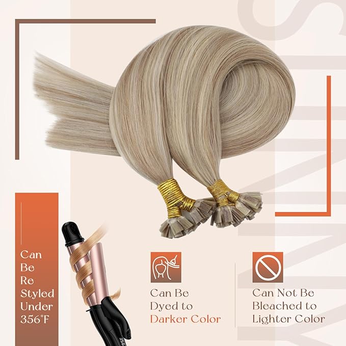 Sunny Hair Flat Tip Hair Extensions Blonde Flat Tip Real Hair Extensions Ash Blonde Mix Bleach Blonde Highlight Hot Fusion Keratin Bond Flat Tip Hair Extensions Silky Straight Long Hair 50g 22inch