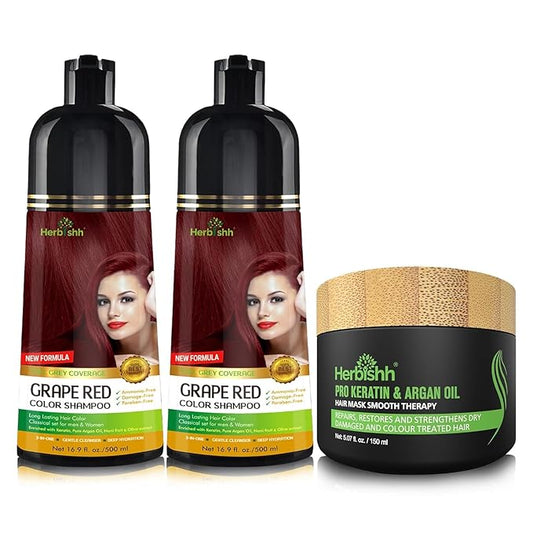 Herbishh Ultimate Hair Color Kit (2 Pcs Grape Red + 1 Argan Mask) for Grey Hair - Permanent, Long-Lasting, Easy-to-Apply Color Shampoo for Men and Women