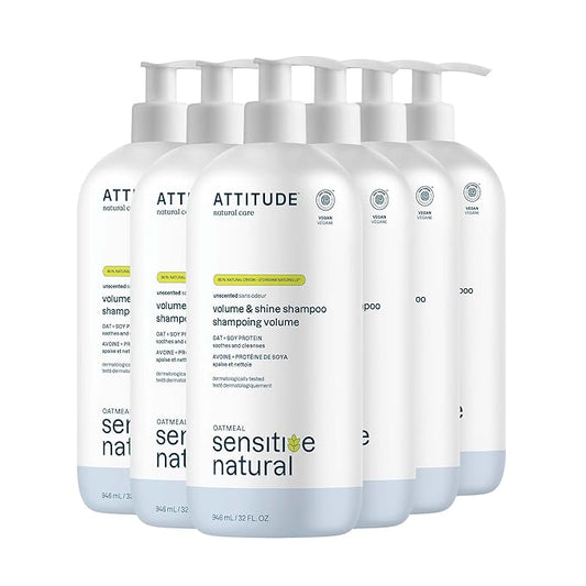 ATTITUDE Hair Shampoo for Sensitive Dry Scalp, EWG Verified, Soothing Oat, For Thin Hair, Naturally Derived Ingredients, Vegan and Plant-Based, Volume and Shine, Unscented, 32 Fl Oz (Pack of 6)