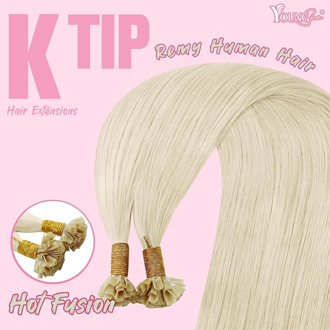 YoungSee Ktips Hair Extensions Human Hair Blonde K Tip Extensions Real Human Hair Platinum Blonde Ktip Human Hair Extensions for Women 18Inch U Tip Extensions Human Hair 50G 50S
