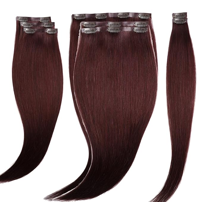 Lacer 20 Inch Burgundy Clip In Extensions Natural Hair Clip In Extensions Silky Invisible Weft 8Pcs 115G Red Wine Burgundy Natural Human Hair 8 Pcs For Women