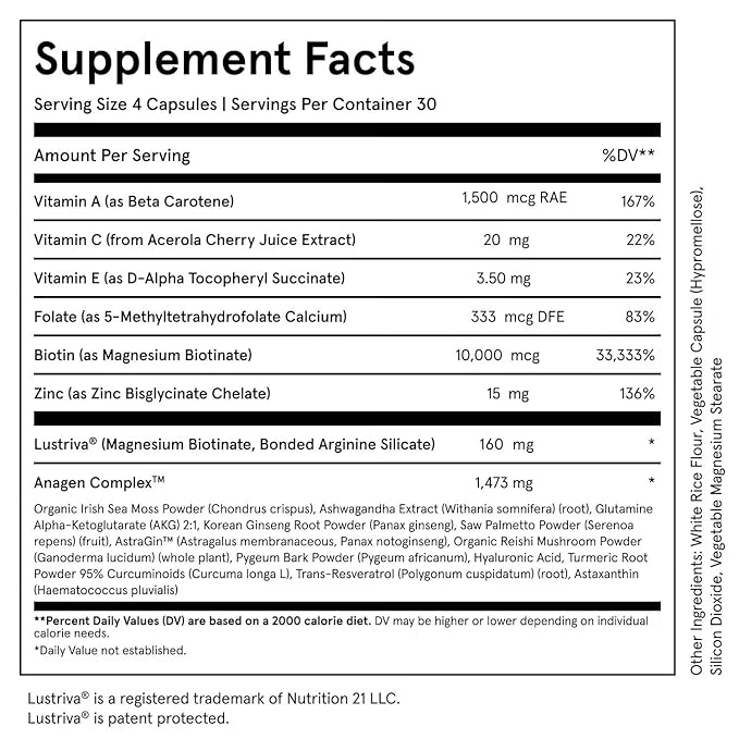 iRestore Advanced Hair Growth Supplement for Women with Lustriva, Hair Vitamins for Faster Hair Regrowth, Best for Hair Loss and Thinning, 1 Month Supply - 1 Count (Pack of 1) - Black