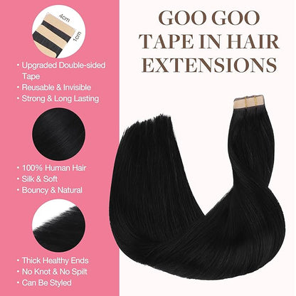GOO GOO Tape in Hair Extensions Human Hair, 1 Jet black, 20inch 100g 40pcs, Skin Weft Seamless Invisible, Silky Straight with Thick Ends, Remy Human Hair