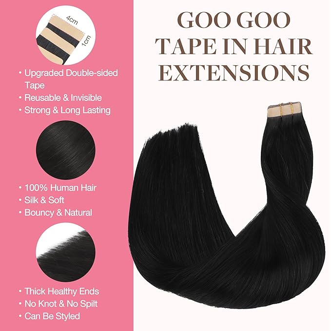 GOO GOO Tape in Hair Extensions Human Hair, 1 Jet black, 24inch 30g 10pcs, Skin Weft Seamless Invisible, Silky Straight with Thick Ends, Remy Human Hair