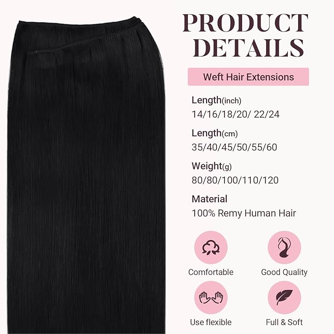 MAXITA Sew in Human Hair Extensions Jet Black Weft Hair Extensions Real Human Hair 100g 18 inch Silky Stright Double Weft Black Hair Weft Extensions Sew in Extensions