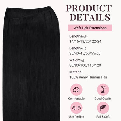 MAXITA Sew in Human Hair Extensions Jet Black Weft Hair Extensions Real Human Hair 100g 18 inch Silky Stright Double Weft Black Hair Weft Extensions Sew in Extensions