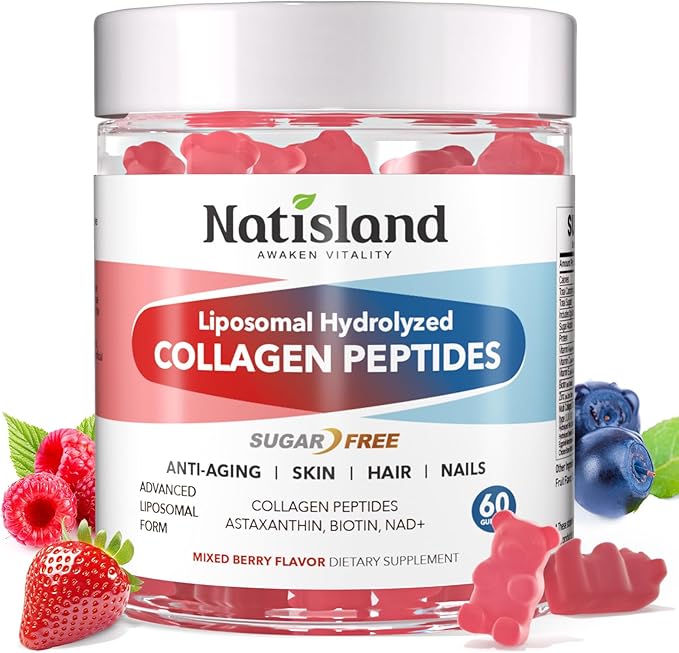 Sugar-Free 2500 mg Liposomal Collagen Peptides Gummies, w/Biotin, NAD+, Resveratrol, Astaxanthin, A+C+E, Type I, II, III, V, X - 80% Marine Collagen Gummies for Women Men - Skin, Hair & Nails, 60CT