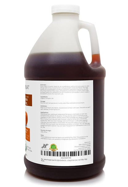 velona Pumpkin Seed Oil USDA Certified Organic - 1 Gallon / 128 Fl Oz | 100% Pure and Natural Carrier Oil | Unrefined, Cold Pressed | Cooking, Face, Hair, Body & Skin Care | Use Today - Enjoy Result