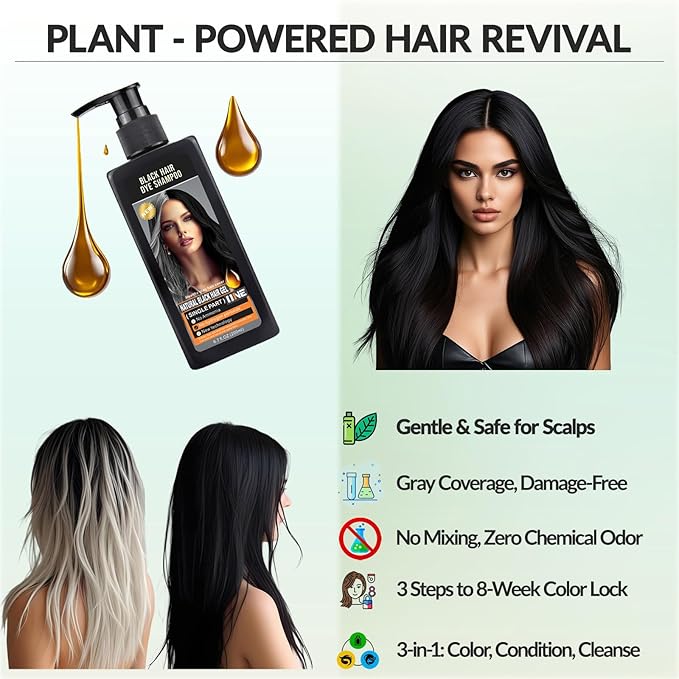Ammonia-Free Instant Black Hair Dye Shampoo for Gray Coverage,Non-Staining scalp Long-Lasting Natural Black Hair Color Shampoo for Men/Women,Gentle polar Dye for Damaged Hair