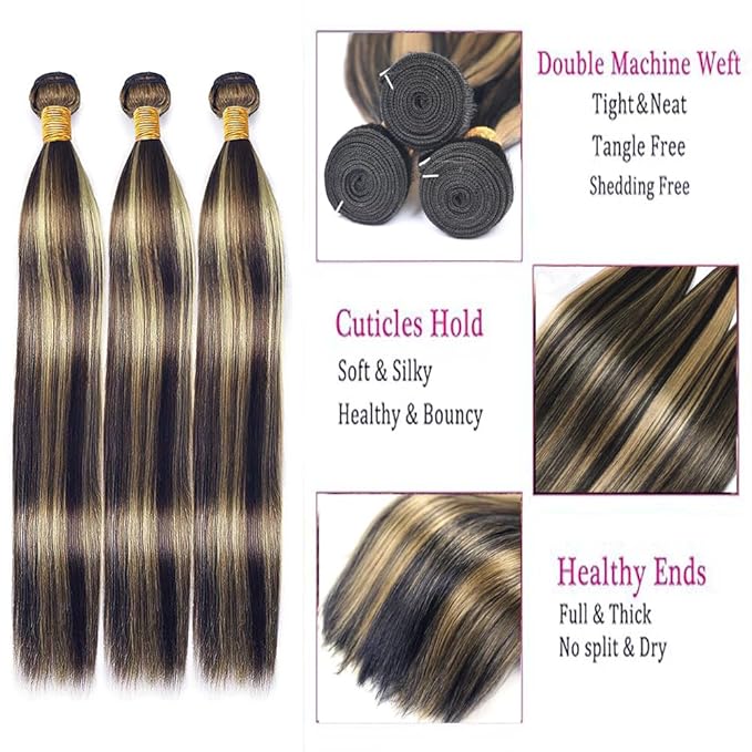 Ombre Human Hair P1B/27 Straight Bundles Two Tone Black to Honey Blonde Highlight Bundles Brazilian Human Hair Weave Soft and Silky for Black Women 24 26 28 Inch