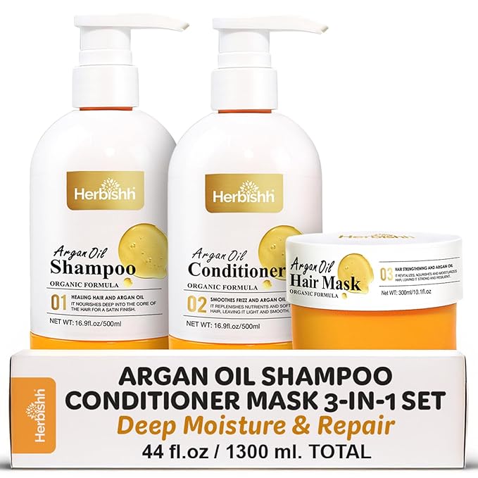 Herbishh Moroccan Argan Oil Shampoo and Conditioner Set with Hair Mask, Moisturizing & Deep Cleansing Kit For Dry, Damaged, Frizzy Hair, Color Safe & UV Protection 16.9fl.oz + 16.9fl.oz + 10.1 fl.oz