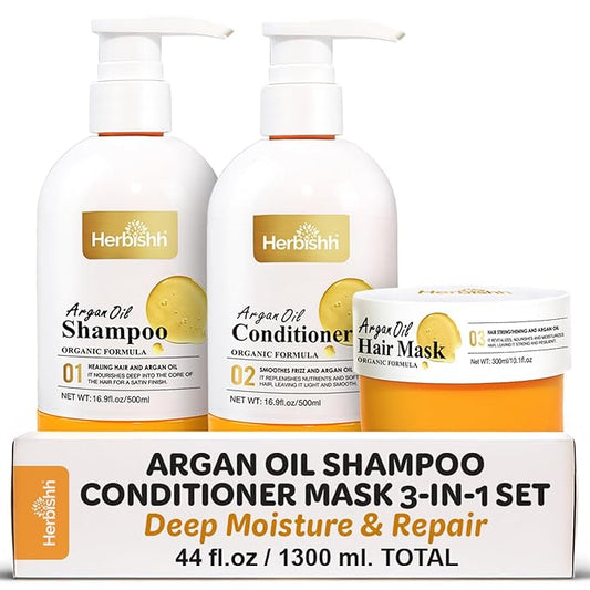 Herbishh Moroccan Argan Oil Shampoo and Conditioner Set with Hair Mask, Moisturizing & Deep Cleansing Kit For Dry, Damaged, Frizzy Hair, Color Safe & UV Protection 16.9fl.oz + 16.9fl.oz + 10.1 fl.oz