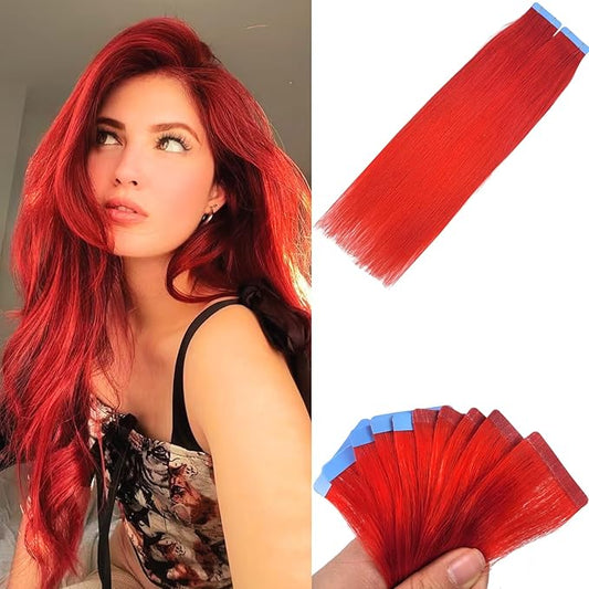 Red Tape in Hair Extensions Human Hair Soft And Silky 14 Inch Invisible Colored Tape in Human Hair Extensions