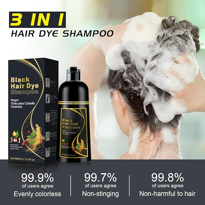 Black Hair Shampoo 3 in 1, Instant Hair Color for Gray Hair Coverage, Natural Black Shampoo Hair for Women & Men, 500ML Hair Color Shampoo Lasts 30 Days with Herbal Ingredient