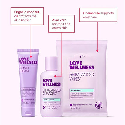 Love Wellness Skincare for Down There Bundle | Gentle pH Balancing Cleanser, Moisturizing Comfy Cream & Refreshing Wipes | Feminine Care for pH Balance, Dry & Sensitive Vulva | Fragrance-Free