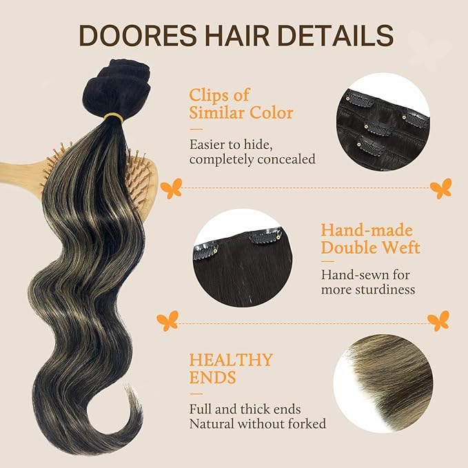 DOORES Hair Extensions Clip in Human Hair, 80g 5pcs Natural Black 20 Inch Clip in Human Hair Extensions Natural Hair Extensions Straight