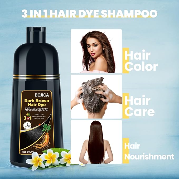 Hair Dye Shampoo for Gray Hair Coverage, 3-in-1 Semi-Permanent Color Shampoo for Women & Men Dark Brown