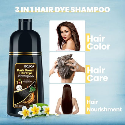 Hair Dye Shampoo for Gray Hair Coverage, 3-in-1 Semi-Permanent Color Shampoo for Women & Men Dark Brown