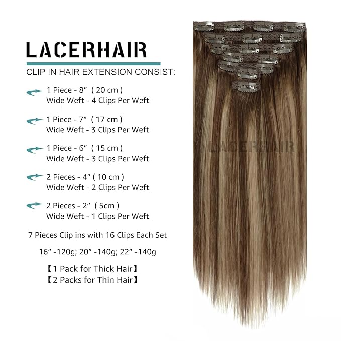 Lacer Clip in Hair Extensions Real Human Hair Highlignt Warm Brown to Dark Caramel Blonde Remy Human Hair Extensions Clip ins for Women 14 Inch 120g 7Pcs Natural Human Hair
