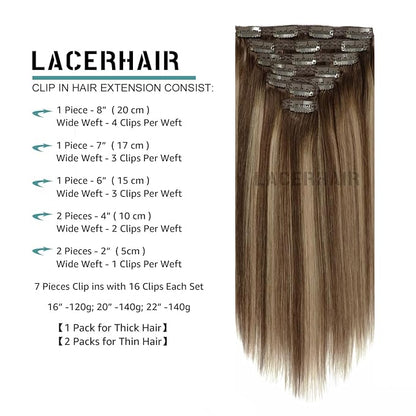 Lacer Clip in Hair Extensions Real Human Hair Highlignt Warm Brown to Dark Caramel Blonde Remy Human Hair Extensions Clip ins for Women 14 Inch 120g 7Pcs Natural Human Hair