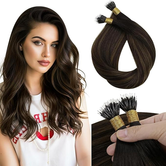 Sunny Hair Nano Hair Extensions Human Hair Dark Brown Nano Bead Hair Extensions Darkest Brown Balayage Medium Nano Tip Hiar Extension Real Human Hair for Short Hair 14inch 50g