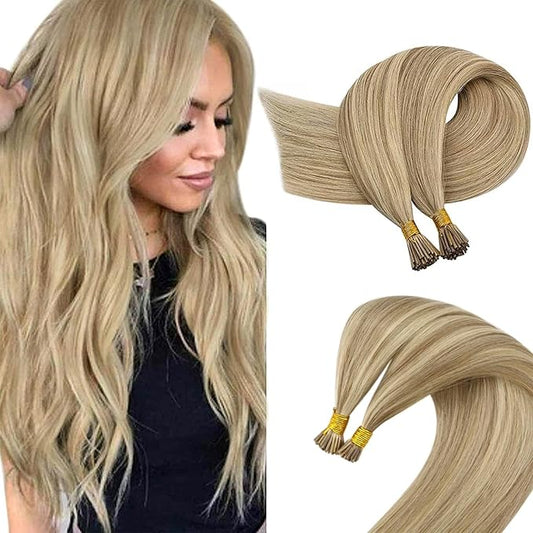 Sunny Hair Itip Hair Extensions Blonde Highlight I Tip Hair Extensions Human Hair Golden Blonde Highlight Medium Blonde Pre Bonded Soft Clod Fusion for Party 22inch 50g