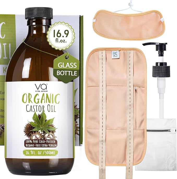 Pure Castor Oil Organic Cold-Pressed Unrefined Glass Bottle with 100% Cotton Flannel Wrap – Waist & Neck Castor Oil Packs Hexane-Free.