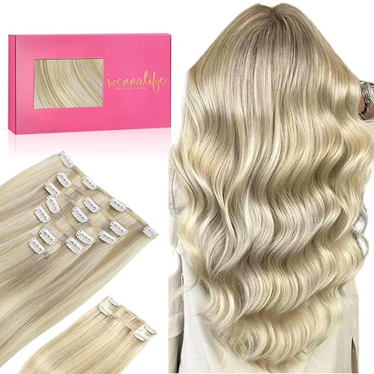 WENNALIFE Hair Extensions Clip In, 9pcs 16inch 150g Ash Blonde Highlighted Platinum Blonde Thicker Clip In Hair Extensions Real Human Hair Remy hair extension Double Weft Clip in Human Hair Extensions