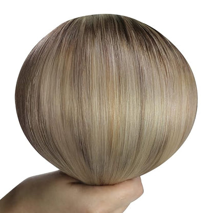 YoungSee Weft Hair Extensions Ombre Sew in Hair Extensions Human Hair Dark Brown Base with Medium Ash Blonde and Light Blonde Highlights Soft and Smooth Weft Hair Extensions Human Hair 16Inch 100G
