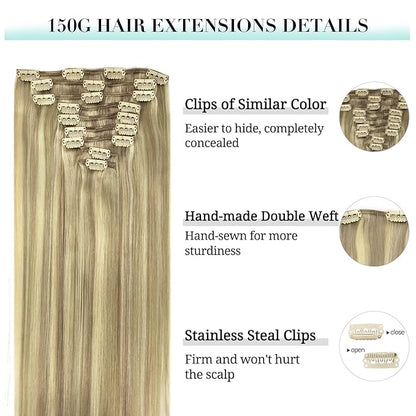 DOORES Clip in Hair Extensions Real Human Hair, Light Blonde Highlighted Golden Blonde 150g 9pcs 18 Inch, Real Hair Extensions Clip in Human Hair Natural Thick Human Hair Extensions Clip ins Straight