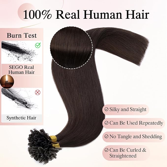 U Tip Hair Extensions Human Hair Pre Bonded Extensions Keratin Fusion Extensions K Tip Hair Extensions Real Human Hair Silky Straight Natural 50g/100 Stands 18" Dark Brown