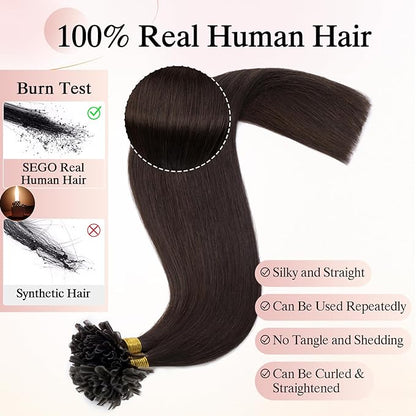 U Tip Hair Extensions Human Hair Pre Bonded Extensions Keratin Fusion Extensions K Tip Hair Extensions Real Human Hair Silky Straight Natural 50g/100 Stands 18" Dark Brown